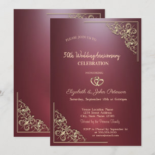 Elegant Hearts Frame Dark Red Wedding Anniversary Invitation