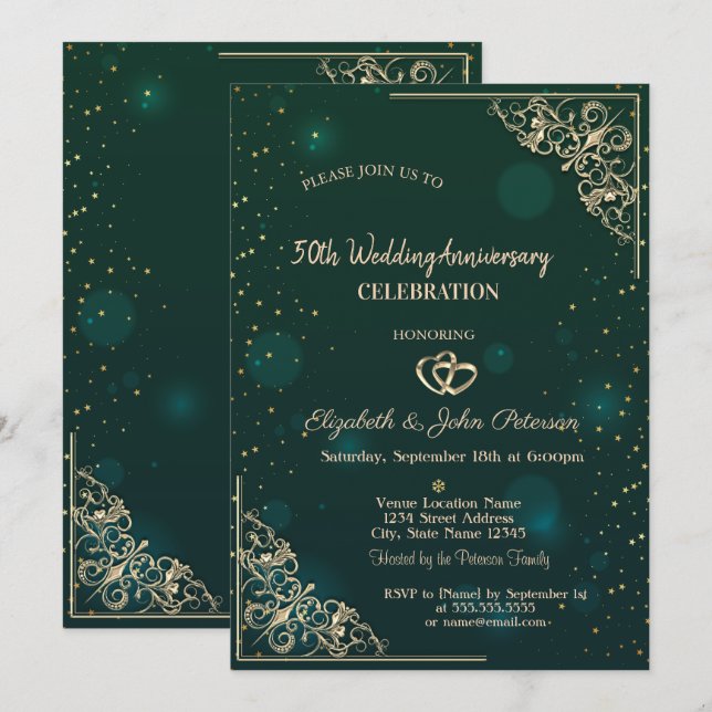 Elegant Hearts Frame Green Wedding Anniversary Invitation (Front/Back)