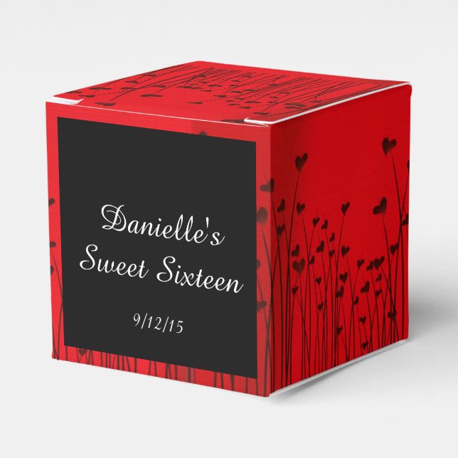 Elegant, Hearts Red and Black, Sweet 16, Favour Box (Front Side)