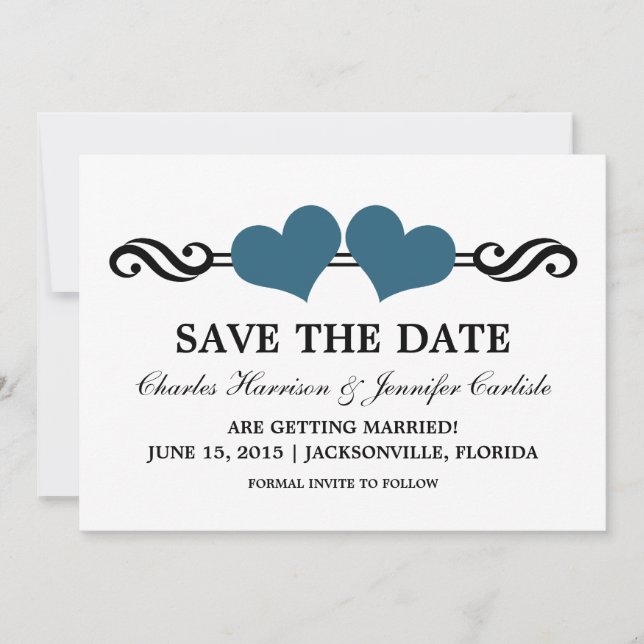 Elegant Hearts Save the Date Invite, Blue (Front)