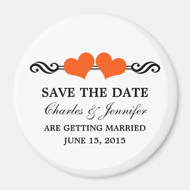 Elegant Hearts Save the Date Magnet, Orange Magnet (Front)