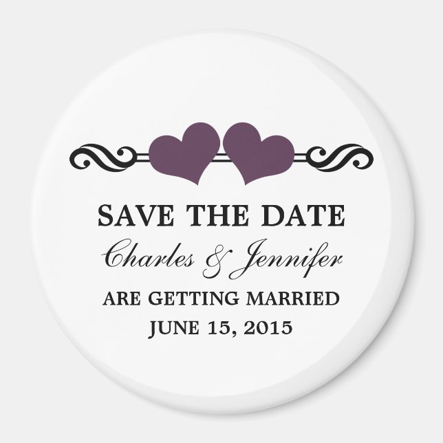 Elegant Hearts Save the Date Magnet, Purple Magnet (Front)