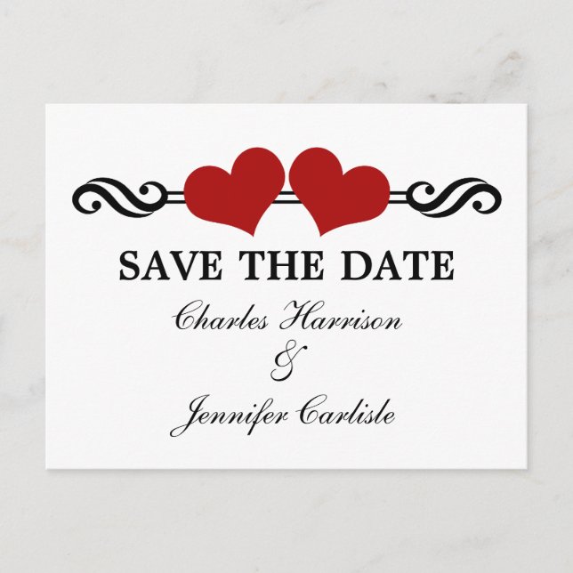 Elegant Hearts Save the Date Postcard, Red Announcement Postcard (Front)