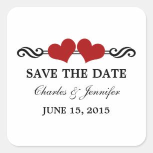 Elegant Hearts Save the Date Stickers, Red Square Sticker