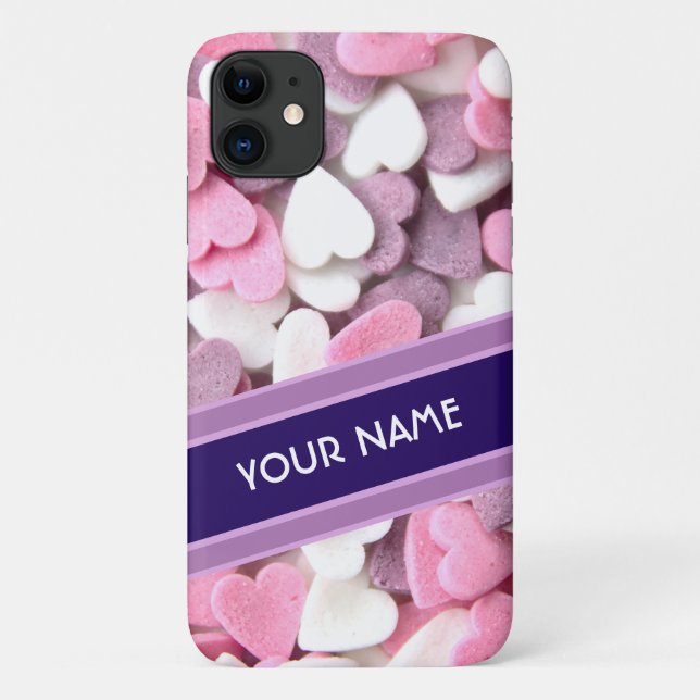 Elegant hearts violet striped iPhone with name Case-Mate iPhone Case (Back)