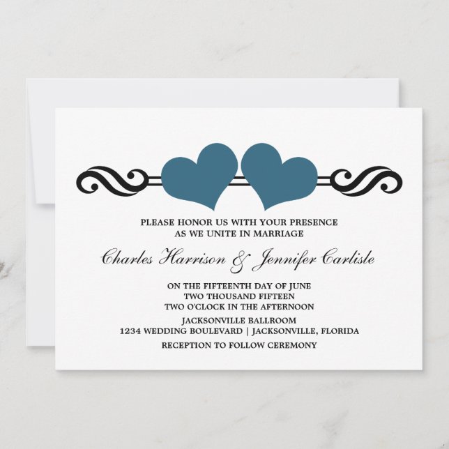 Elegant Hearts Wedding Invitation, Blue Invitation (Front)