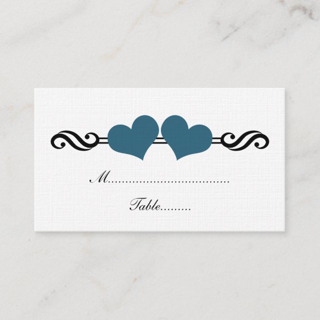 Elegant Hearts Wedding Place Card, Blue Place Card (Front)