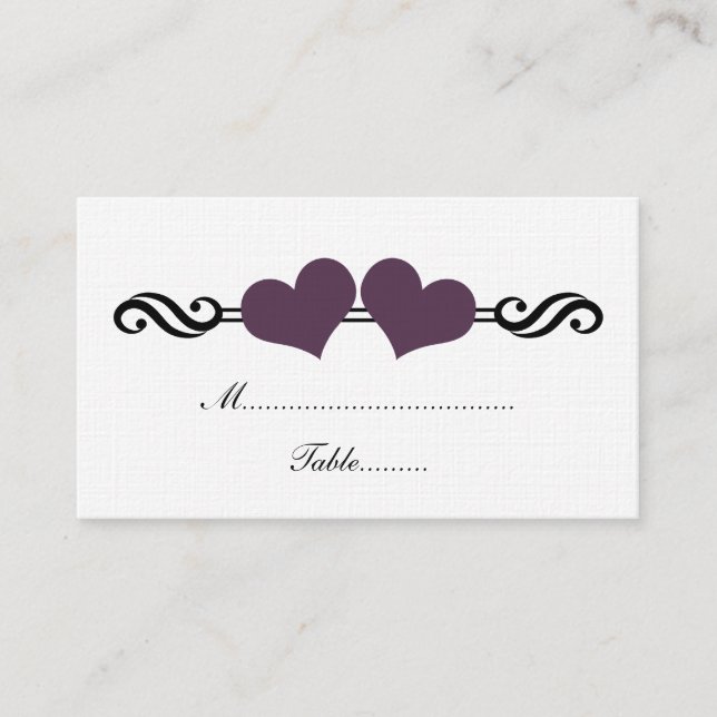 Elegant Hearts Wedding Place Card, Purple Place Card (Front)