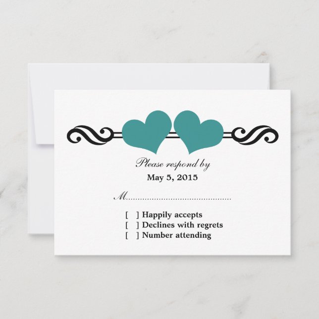 Elegant Hearts Wedding Response Card, Teal (Front)