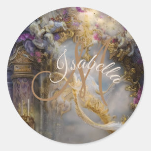 Elegant Heavenly Gold Gate, Gold Text Classic Round Sticker