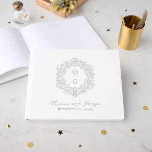 Elegant Heirloom Crest Sage Green Wedding Guest Book