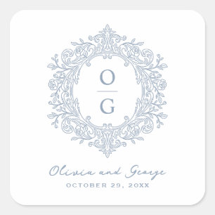 Elegant Heirloom Dusty Blue Wedding Monogram Square Sticker