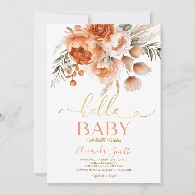 Elegant Hello Baby Burnt Orange Floral Baby Shower Invitation (Front)