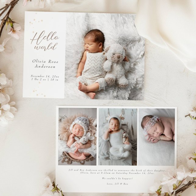 Elegant Hello Baby Photos Modern Calligraphy Birth Announcement (Creator Uploaded)