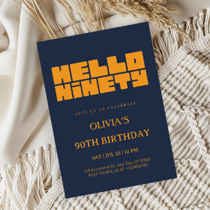 Elegant Hello Ninety Navy Blue 90th Birthday Invitation