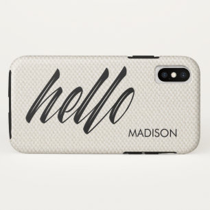 Elegant Hello Script Name Beige Faux Canvas iPhone XS Case