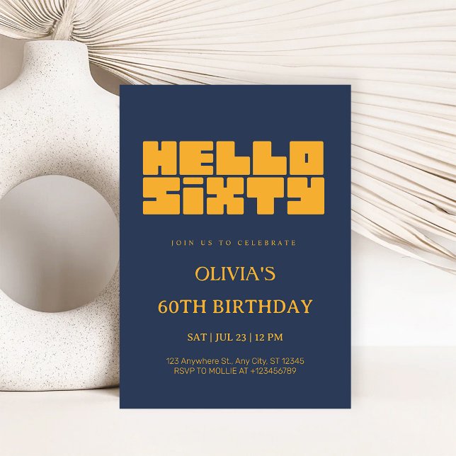 Elegant Hello Sixty Navy Blue 60th Birthday Invitation (Creator Uploaded)
