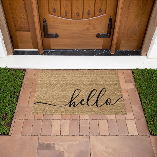 Elegant Hello Welcome Word Art On Faux Burlap Doormat (Outdoor)