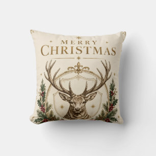 Elegant Heraldic Christmas, Stag Crest and Holly Cushion