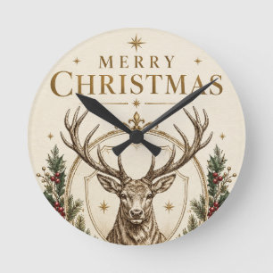 Elegant Heraldic Christmas, Stag Crest and Holly Round Clock