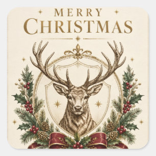 Elegant Heraldic Christmas, Stag Crest and Holly Square Sticker