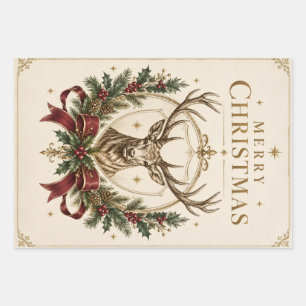 Elegant Heraldic Christmas, Stag Crest and Holly Wrapping Paper Sheet