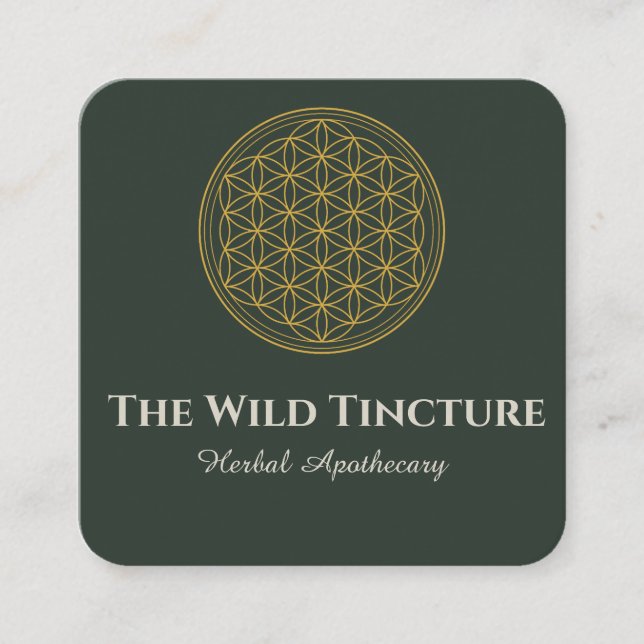 Elegant Herbal Floral of Life Lineart Dark Green  Square Business Card (Front)