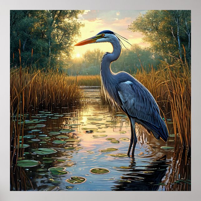 🌿 Elegant Heron Wetlands Misty Swamp Nature Scene Poster (Front)