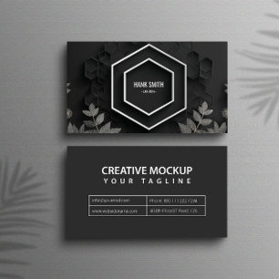 Elegant Hexagon and Silver Botanical Black Business Card
