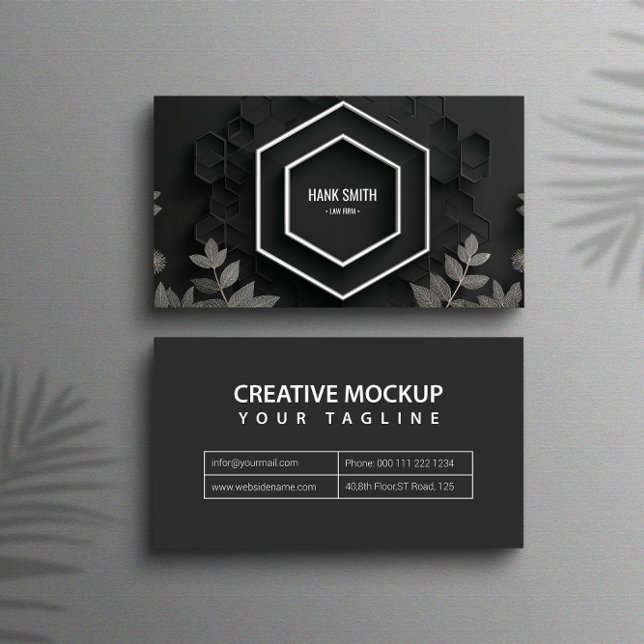 Elegant Hexagon and Silver Botanical Black Business Card (Creator Uploaded)