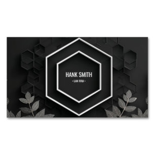 Elegant Hexagon and Silver Botanical Black Magnetic Business Card