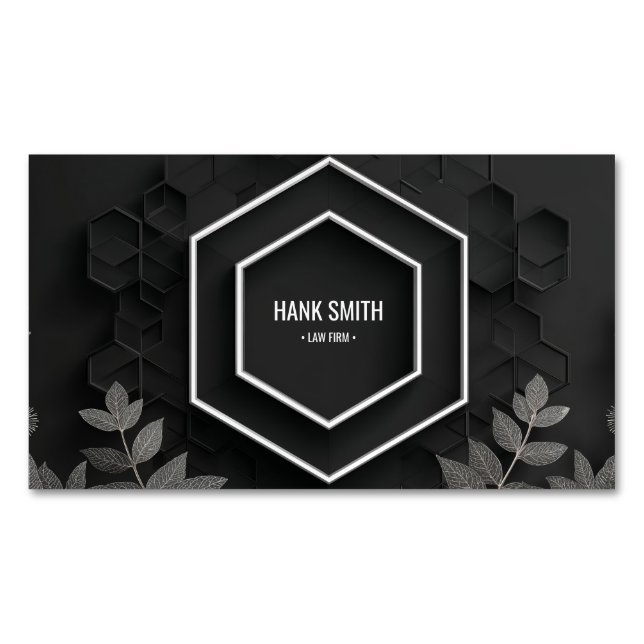 Elegant Hexagon and Silver Botanical Black Magnetic Business Card (Front)
