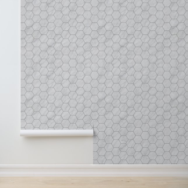 Elegant Hexagonal Grey Marble Geometric Pattern Wallpaper (Application)