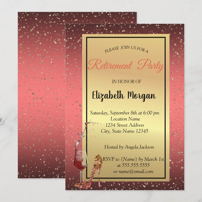Elegant High Heel, Wine Glass Red Retirement Party Invitation (Front/Back)