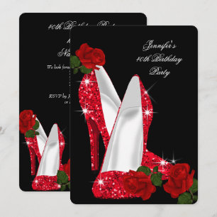 Elegant High Heels Red Rose Black Birthday Party Invitation