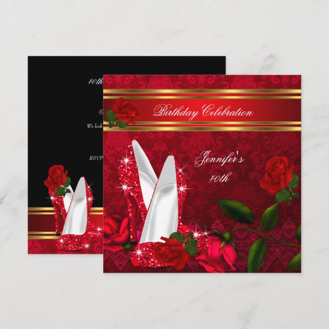 Elegant High Heels Red Rose Black Gold Birthday 2 Invitation (Front/Back)