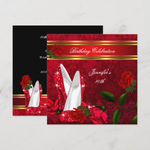 Elegant High Heels Red Rose Black Gold Birthday 2 Invitation