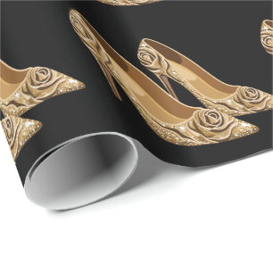 Elegant High Heels with Golden Roses Black Gold Wrapping Paper