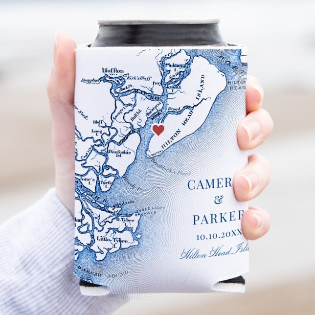 Elegant Hilton Head Island Map Navy Blue Wedding Can Cooler (Hilton Head Island Wedding Can Coozie Georgia navy blue wedding favor from Coastal Map Designs)