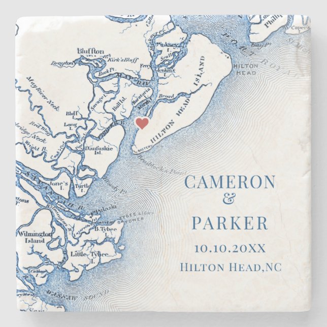 Elegant Hilton Head Island Map Navy Blue Wedding Stone Coaster (Front)