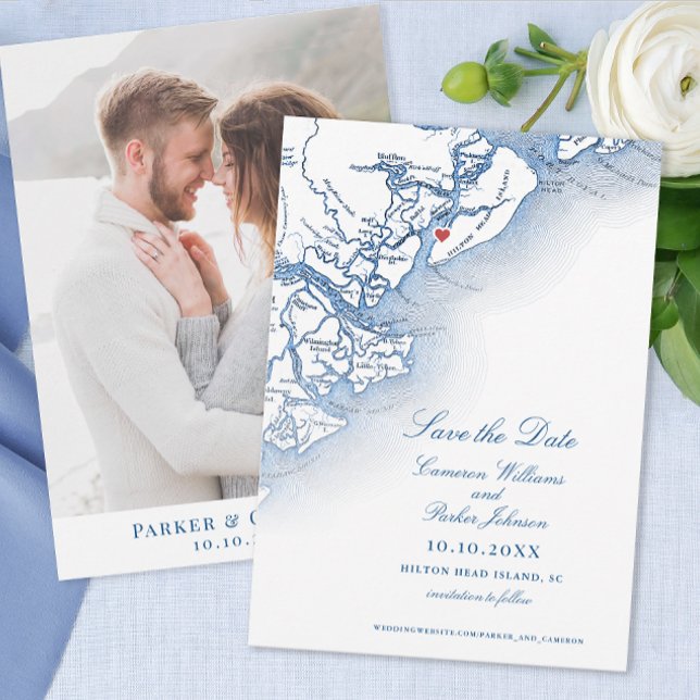 Elegant Hilton Head SC Map Vertical Wedding  Save The Date (Hilton Head SC Wedding Save the Date in elegant navy blue from Coastal Map Designs)