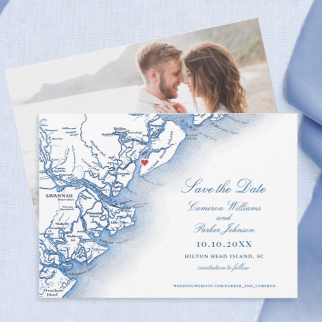 Elegant Hilton Head South Carolina Map Wedding Save The Date (Elegant Hilton Head Island SC map Save the dates for a navy blue wedding at Harbour Town Yacht Club)