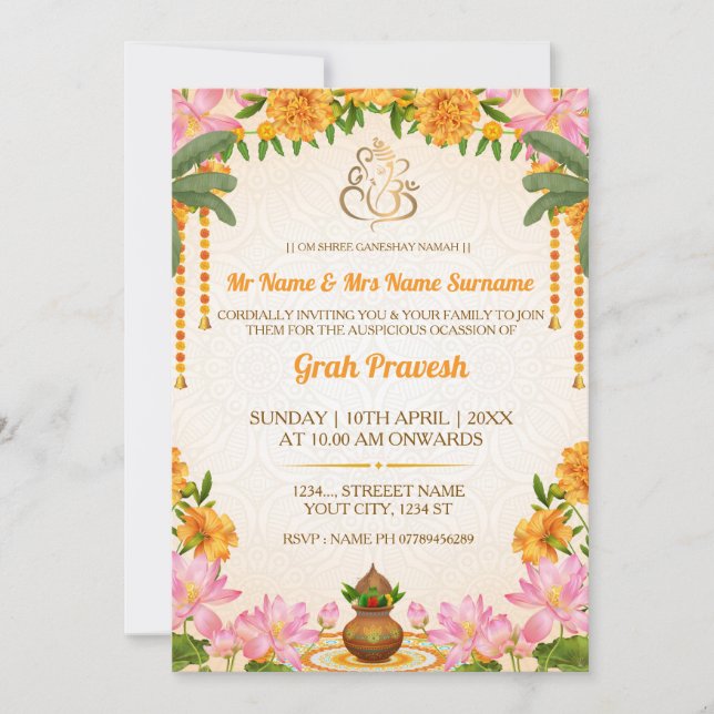 Elegant Hindu Griha Pravesh Ceremony Invitation (Front)