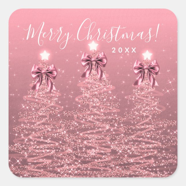 Elegant Holiday Blush Pink Christmas Trees Bows Square Sticker (Front)