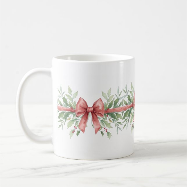 Elegant Holiday Bow with Holly Leaves Design Coffee Mug (Left)