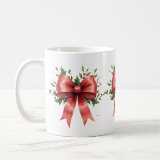 Elegant Holiday Bow with Holly Leaves Design Coffee Mug