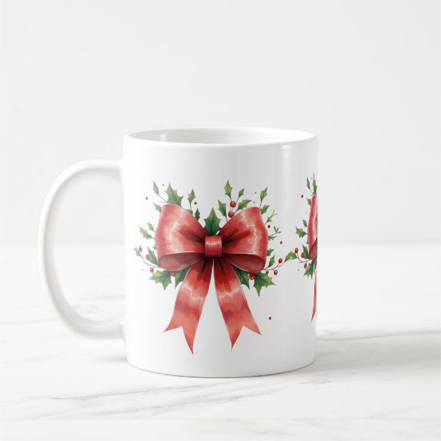 Elegant Holiday Bow with Holly Leaves Design Coffee Mug (Left)