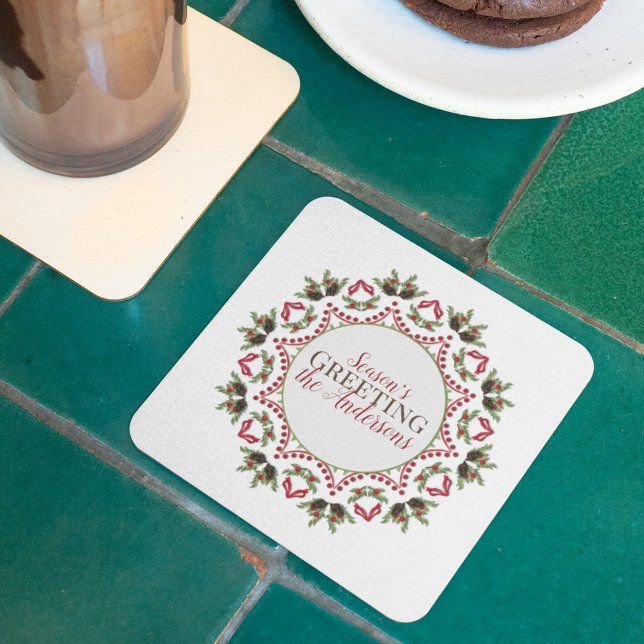 Elegant Holiday Circle Mandala Christmas Name Coaster (Season' Greetings holiday greenery paper coaster)