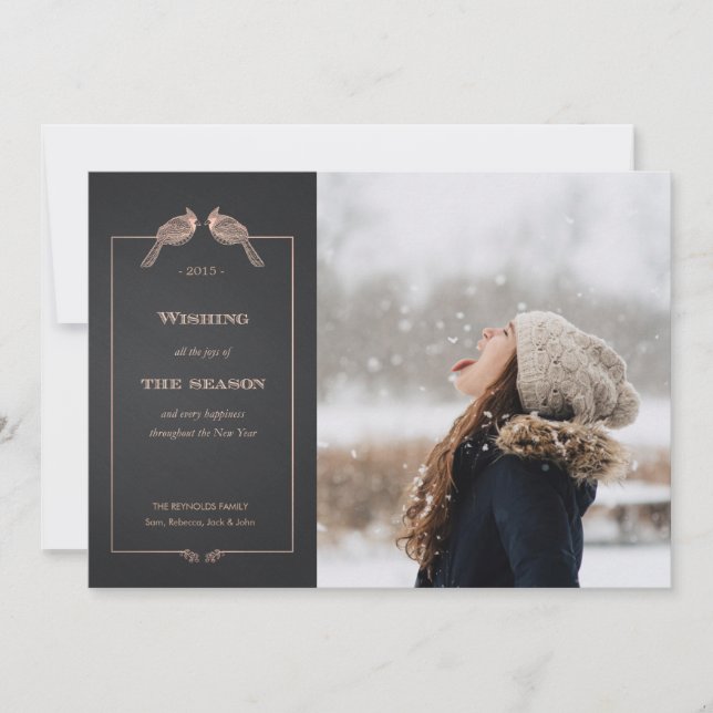 Elegant Holiday Faux Rose Gold Cardinals Photocard Card (Front)