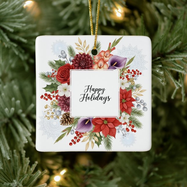 Elegant Holiday Floral Wreath Happy Holidays Ceramic Ornament (Tree)